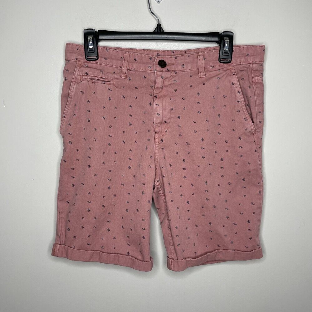 MAST & HARBOUR Mens Red Twill Chino Shorts 9" Inseam Cuffed Vacation Print Sz 32